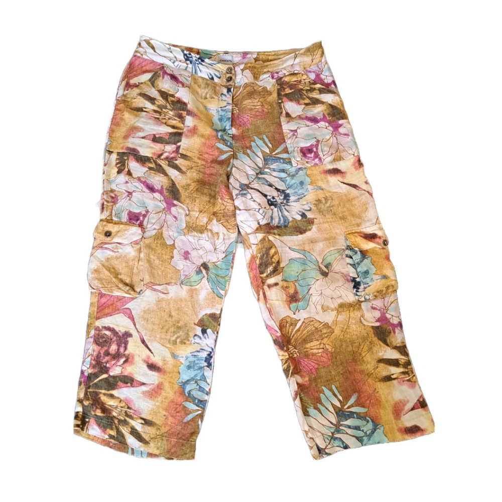 Chicos 100% Linen Pants Size 3 floral